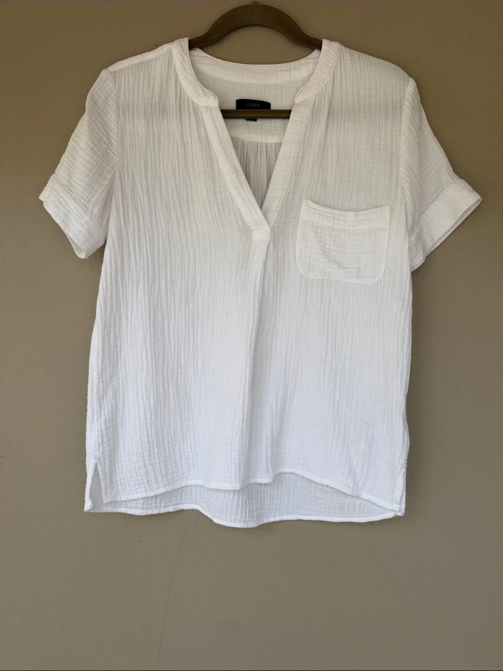 J. Crew White Split-Neck Gauze Pocket Top